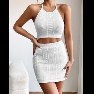 White PETITE SMALL Tie Backless Halter Top & Bodycon Skirt two 2 piece pcs Set